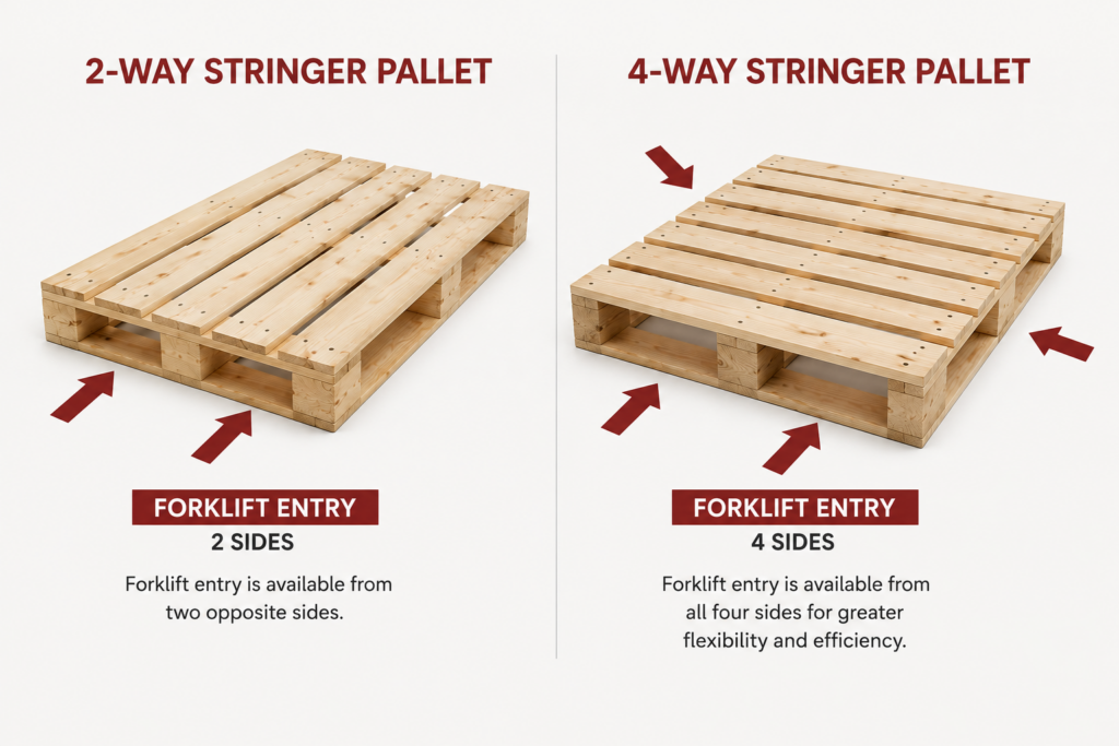 Comparison of 2-way and 4-way wooden stringer pallets showing forklift entry points
