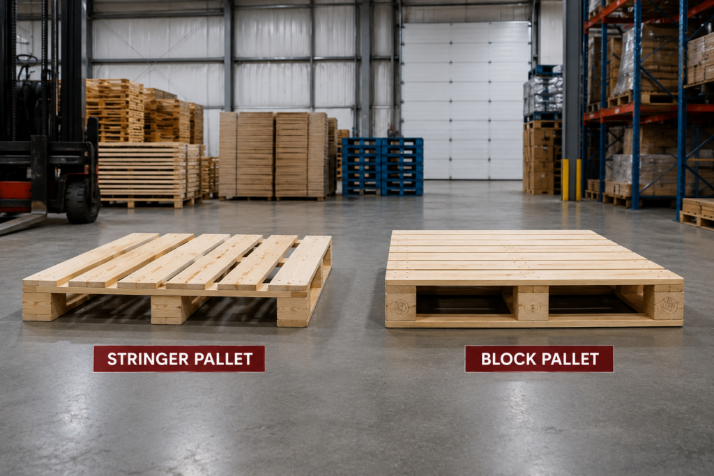Comparison of wooden stringer pallet and block pallet used in warehouse operations