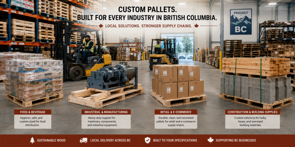 Custom wooden pallets used across food, manufacturing, retail, and construction industries in a modern British Columbia warehouse.