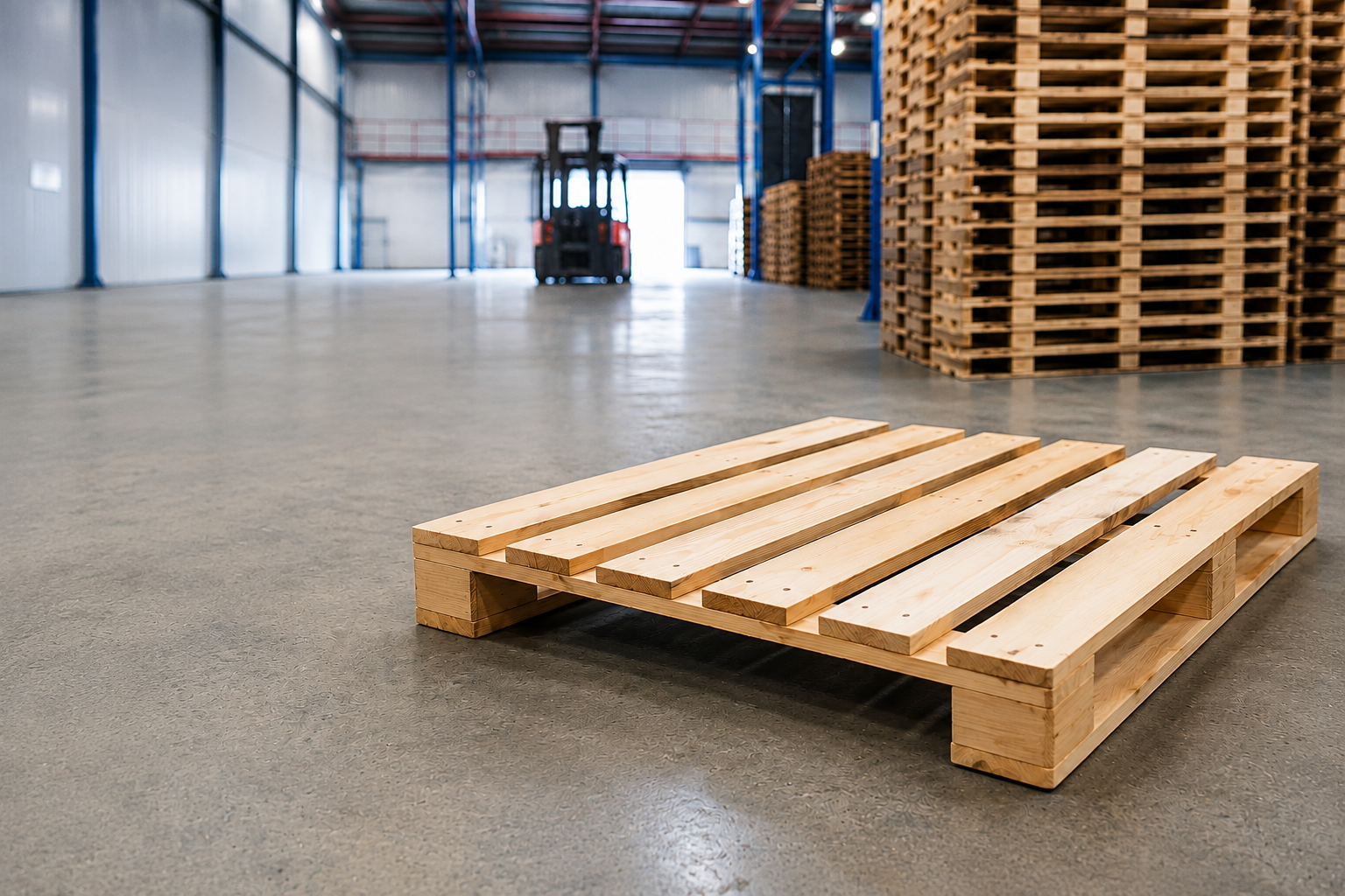 Wooden stringer pallet in an industrial warehouse for material handling