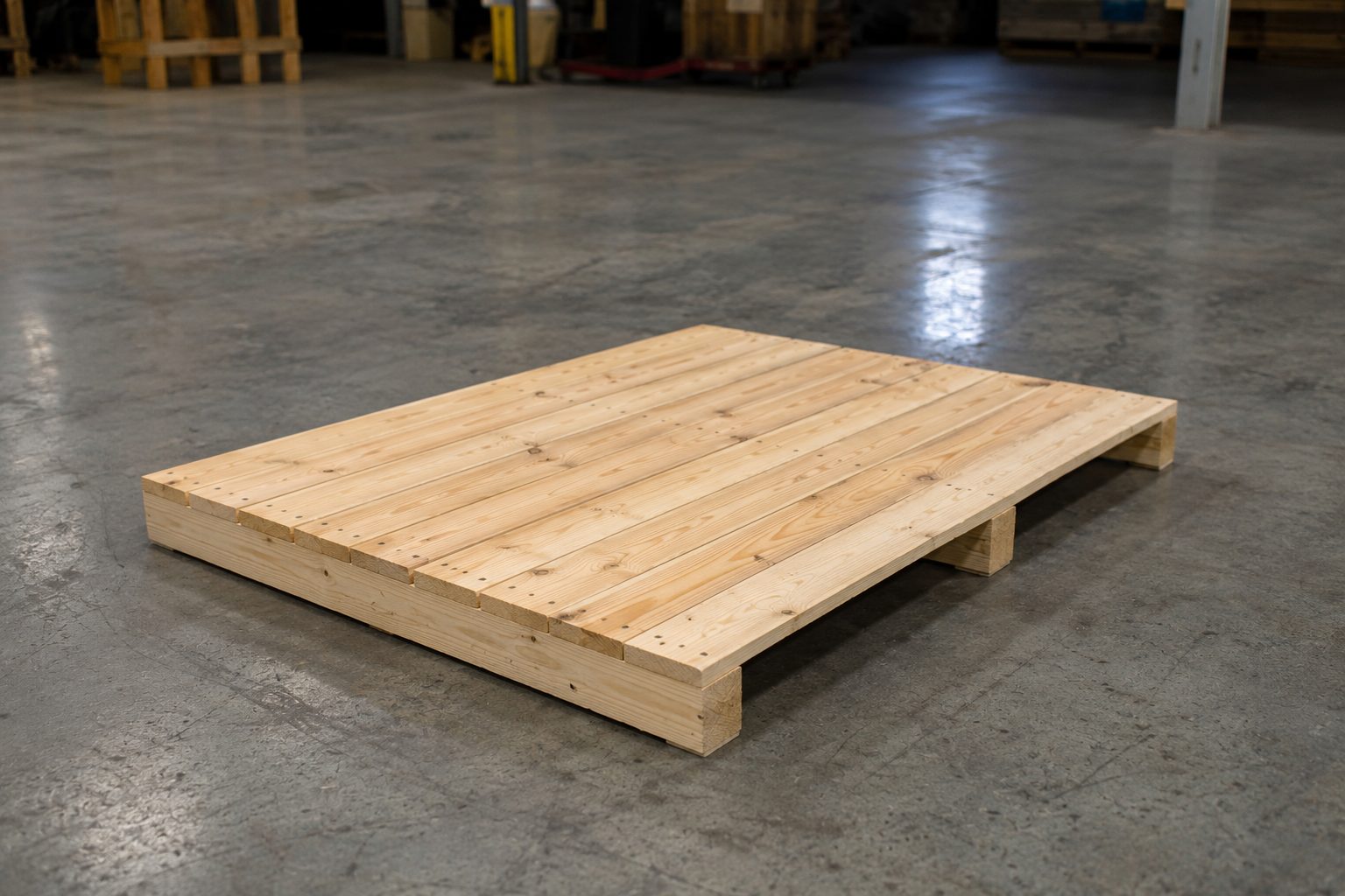 Wooden skid pallet on a warehouse floor ready for industrial storage and shipping