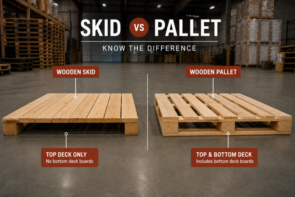 Side-by-side comparison of a wooden skid and a standard wooden pallet in a warehouse