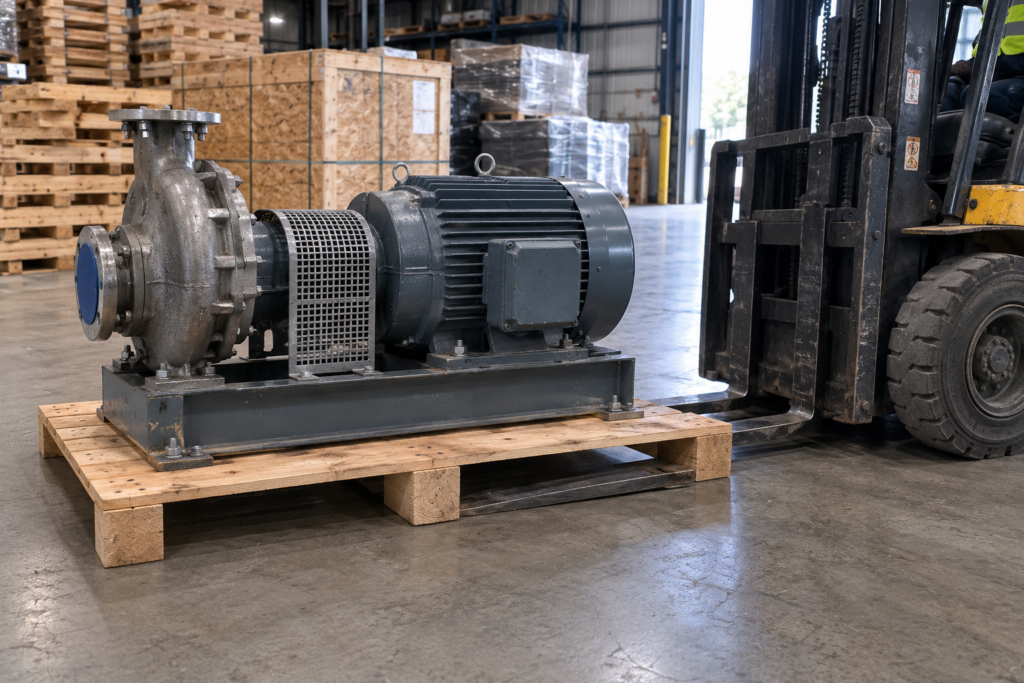 Heavy industrial machine secured on a wooden skid in a warehouse for forklift transport