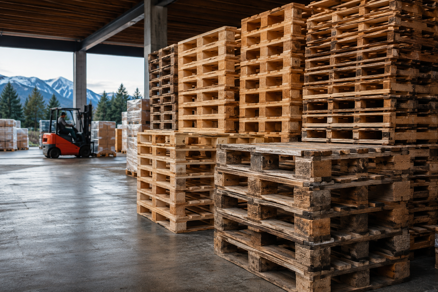 Different types of wooden pallets used for warehouse storage and shipping