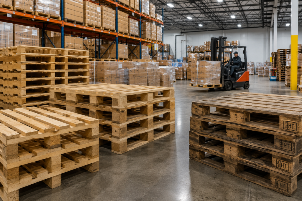 Different types of wooden pallets used in warehouse and shipping operations