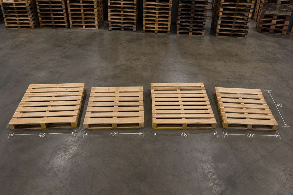 Comparison of common wooden pallet sizes used for shipping and warehouse storage