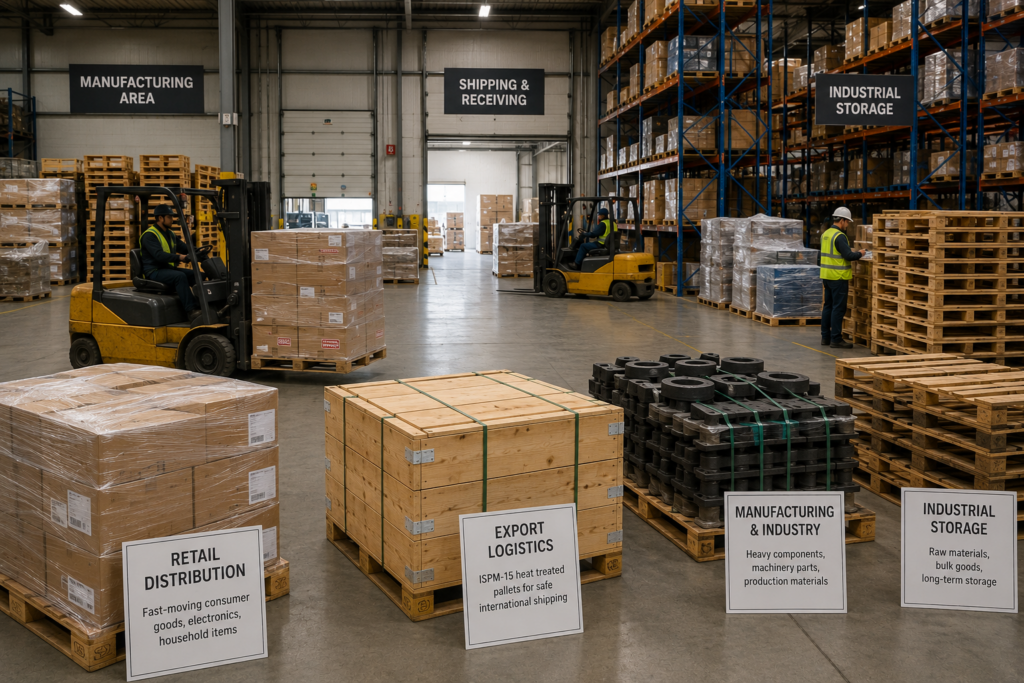 Wooden pallets used for warehousing, manufacturing and shipping across different industries