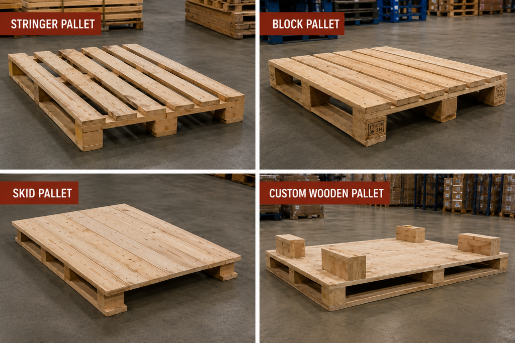 Comparison of common wooden pallet types Stringer Pallet, Block Pallet, Skid Pallet, Custom Wooden Pallet