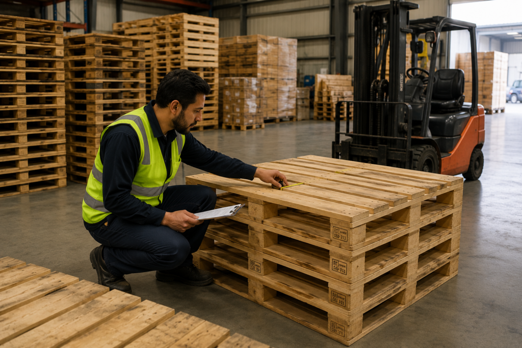 Warehouse inspection of wooden pallets before shipping and storage