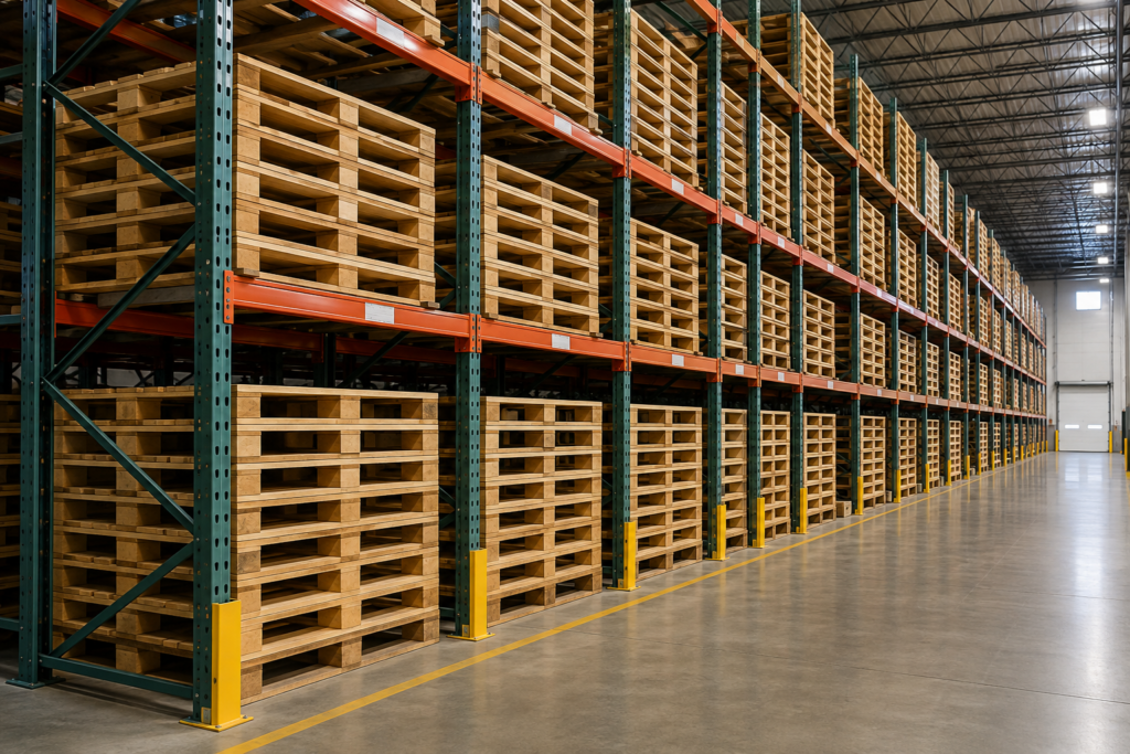 Standard pallet size correctly stored on warehouse pallet racking